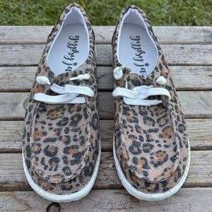 Gypsy Jazz Leopard Cheetah Shimmer Slip On Shoes Womans 10